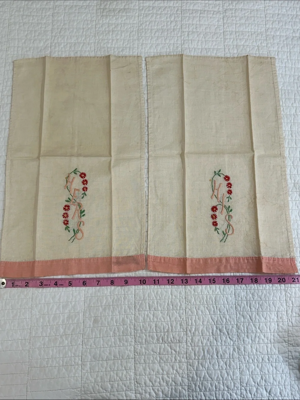 Rare 1940s Hand Embroidered Hers His Linen Guest Towels  Set Fingertip cottage